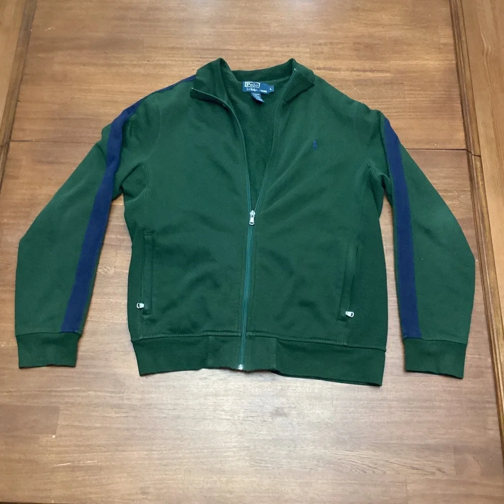 Polo Ralph Lauren Mens Green Navy Stripe Full Zip Track Jacket Fleece Large